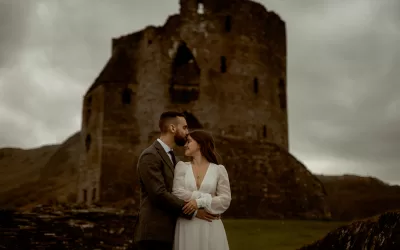 Romantic elopement-style wedding around castle ruins in Wales
