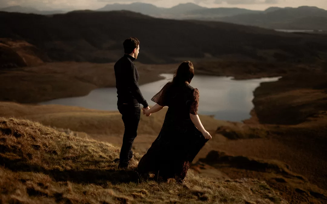 Romantic pre-wedding couple adventure session at sunset in Wales