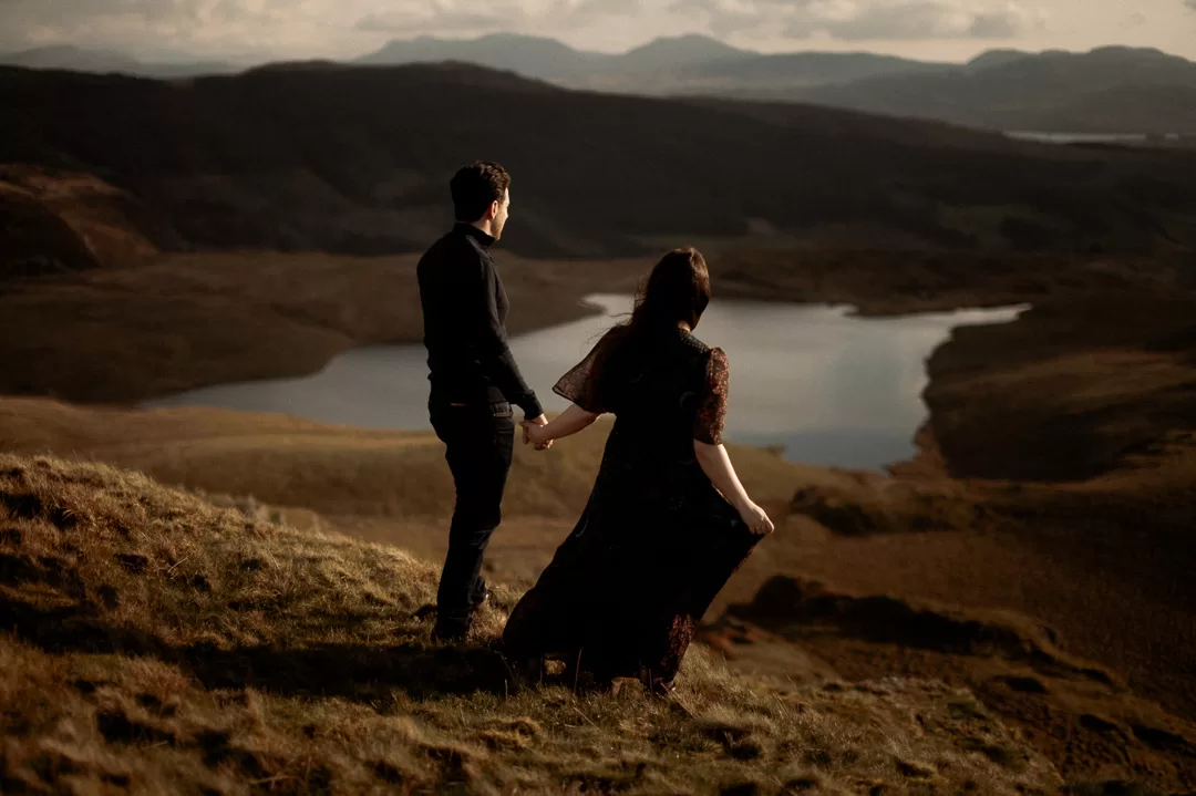 Romantic pre-wedding couple adventure session at sunset in Wales