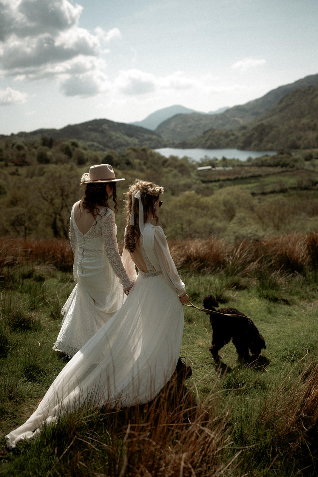 North Wales Wedding Photographer | 2 brides and their dog at Llyn Gwynant Barns