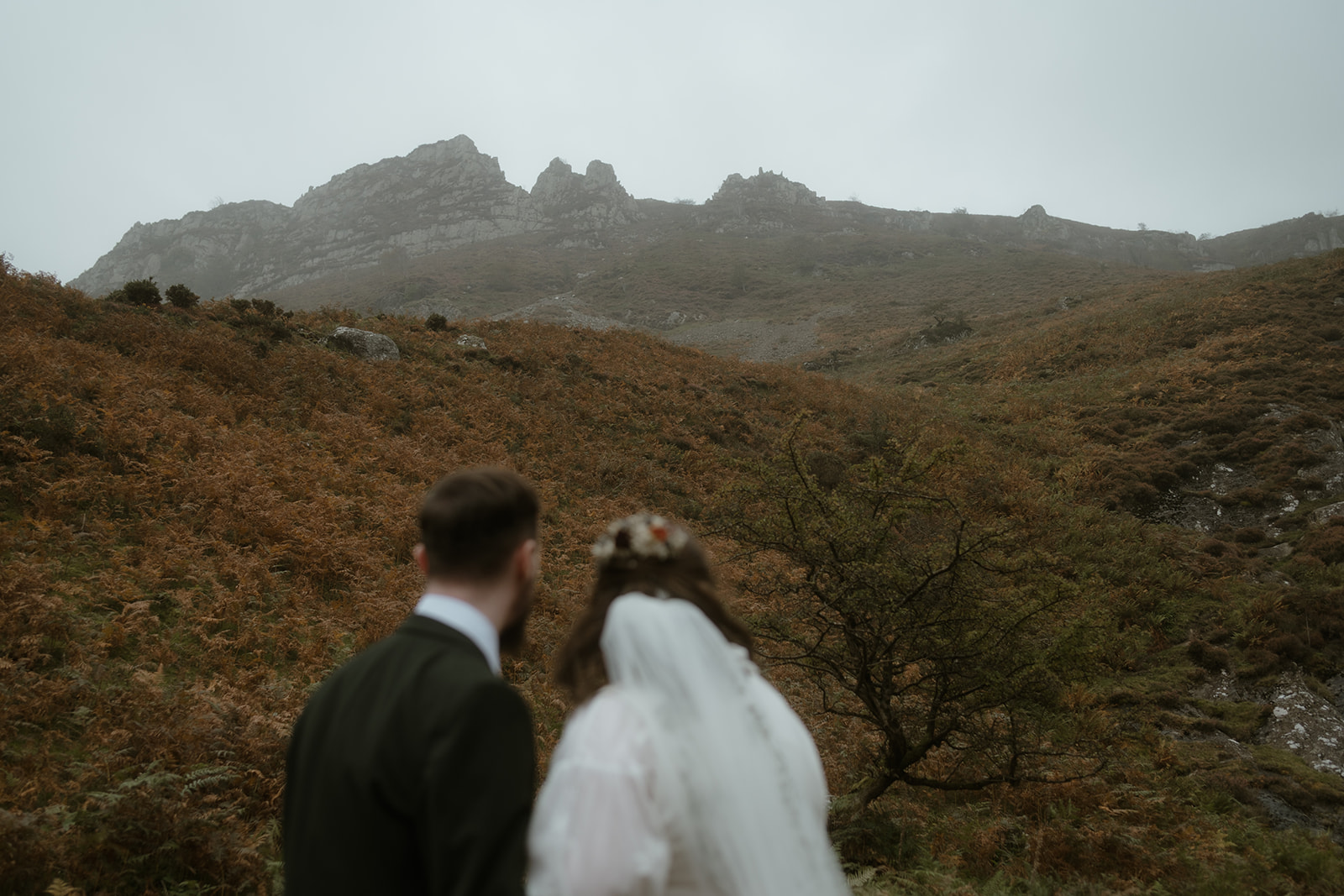couple looking at a mountain in Eryri on their Elopement Day